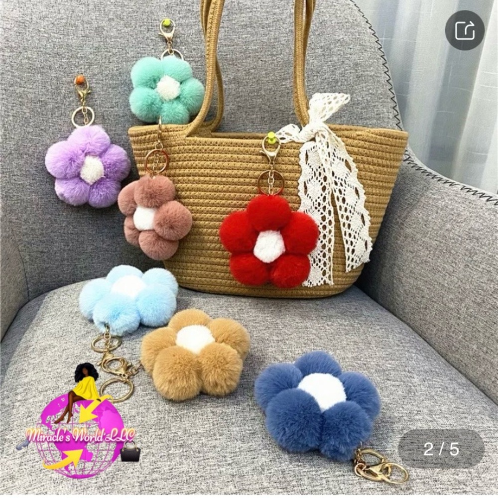 Plush Flower Pom Bag Charm Keychain - Red, Blue, Tan, Mint, Lavender, Pink